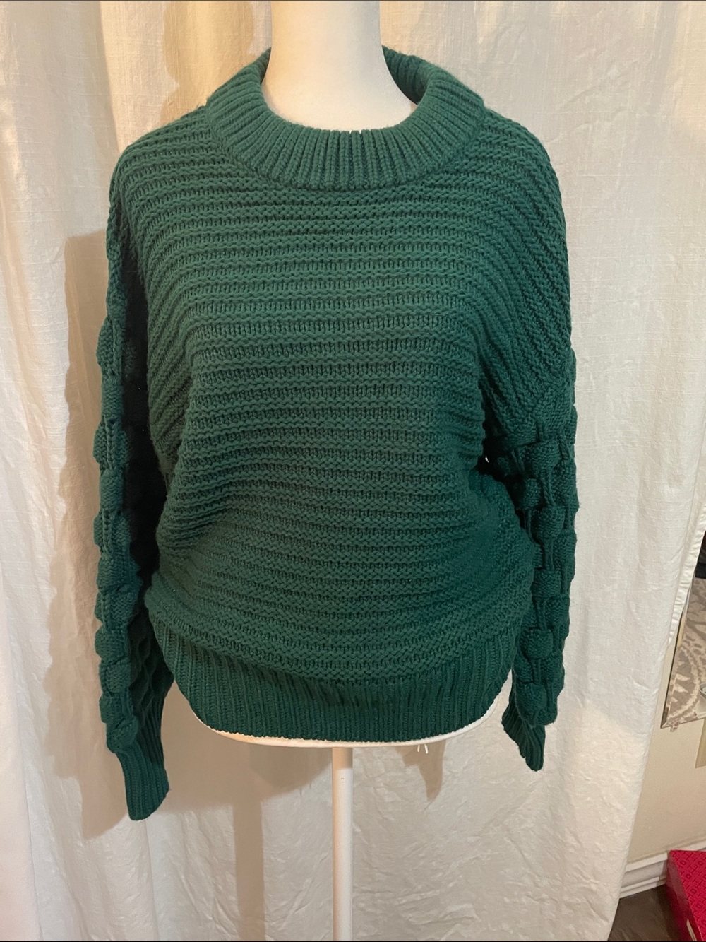 Elodie Deep Green Textured Bubble Sleeve Crewneck Sweater